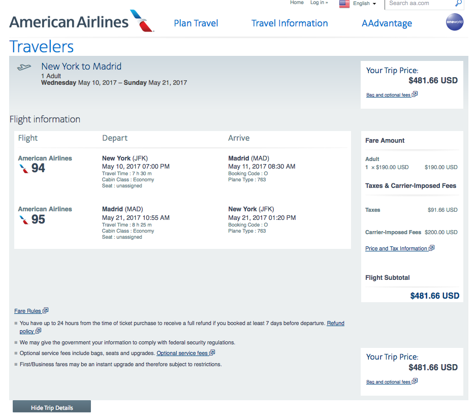 New York to Madrid $482 Round-Trip, Nonstop, on American