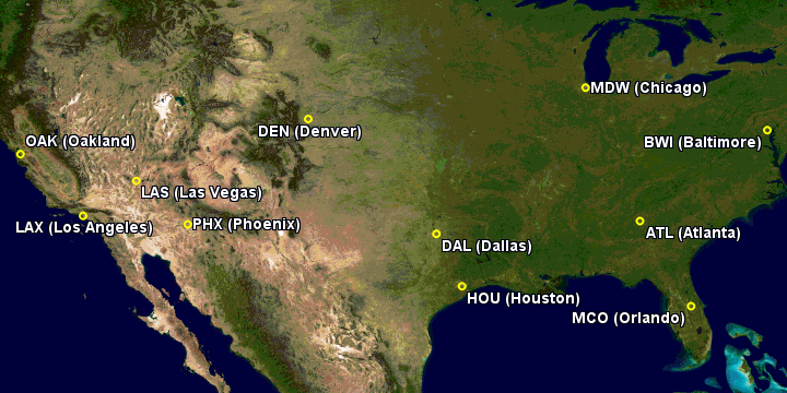 southwest airlines hub cities