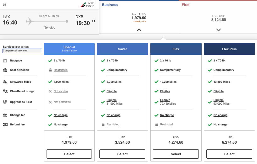 Screenshot of Special, Saver, Flex, and Flex Plus Business Class fares on airline Emirates