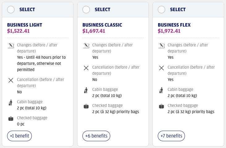 Screenshot of amenities and services included in Finnair's Business Light Business Classic, and Business Flex fares