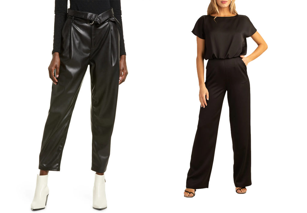Leather pants from Nordstrom and a wide-legged jumpsuit from Neiman Marcus